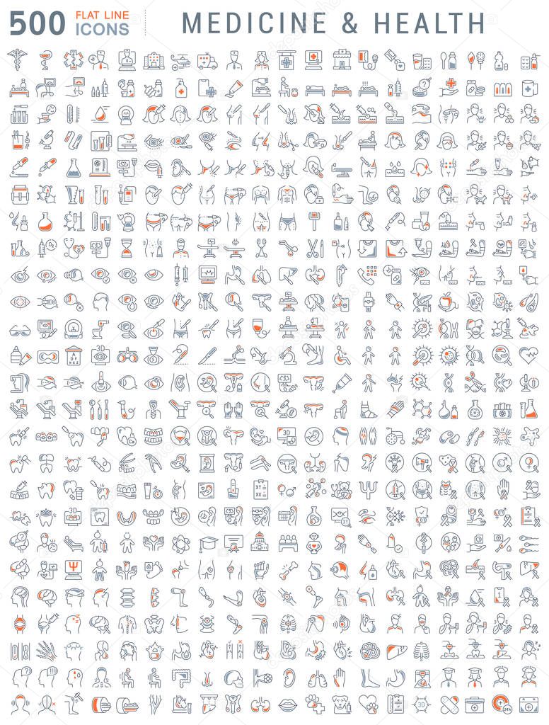Collection of vector line icons of medicine and health. Surgery, dentistry, invitro, aids, cancer, check up, orthodontics, biology, vet, clinic, education. Set of flat signs and symbols for web and apps.
