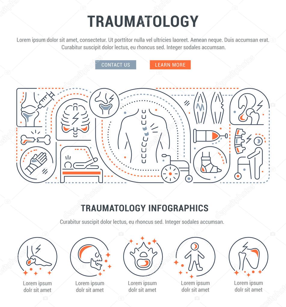 Linear banner of the traumatology. Icons for web sites and applications.