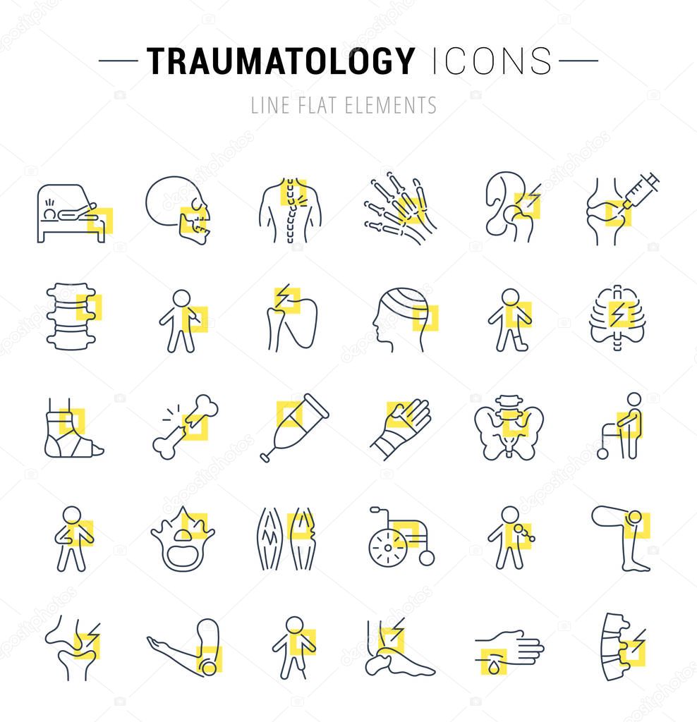 Set of vector line icons and signs with yellow squares of traumatology for excellent concepts. Collection of infographics logos and pictograms.