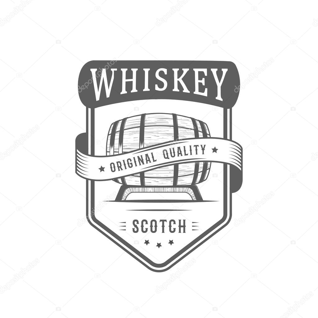 Wooden cask with alcohol drink emblem. Retro sticker for alcohol market. Vintage logo, badge, template for bar, pub and restaurant.