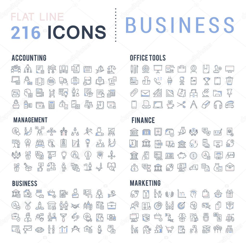 Collection of vector line icons of business. Finance, management, accounting, marketing, bank, office. Set of flat signs and symbols for web and apps.