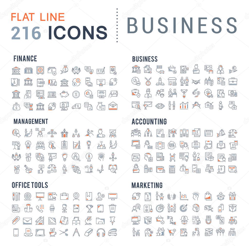 Collection of vector line icons of business. Finance, management, accounting, marketing, bank, office. Set of flat signs and symbols for web and apps.