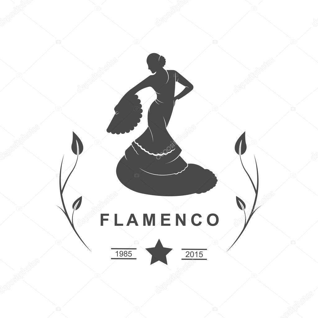 Vector silhouette and template of flamenco isolated on a white background. Traditional spanish dance logotype. Retro emblem for school of dance, festival and cards.