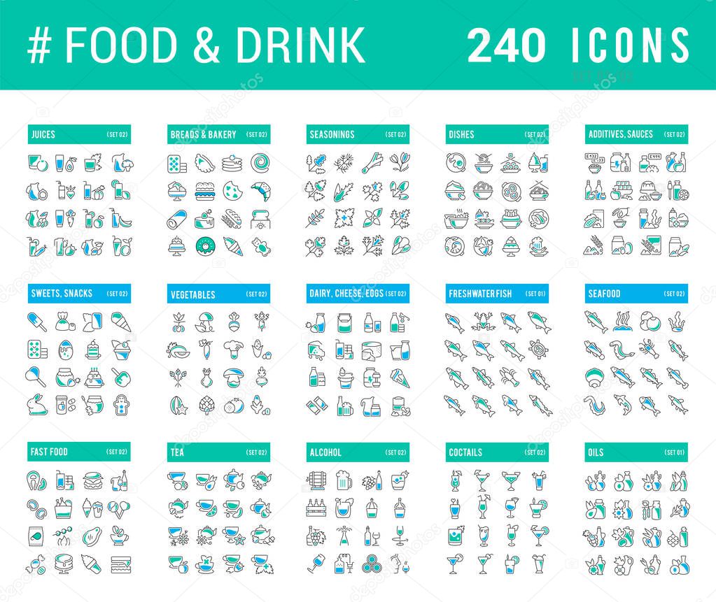 Big collection of linear icons. Set of food & drinks. Sweets, meat, dairy, bakery, cheese, eggs, dishes, fast food, vegetables, spices, seafood, tea, alcohol, fruits, herbs, coffee, leaf, and others.