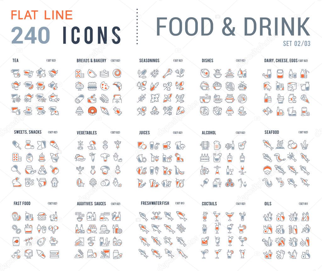 Big collection of linear icons. Set of food & drinks. Sweets, meat, dairy, bakery, cheese, eggs, dishes, fast food, vegetables, spices, seafood, tea, alcohol, fruits, herbs, coffee, leaf, and others.