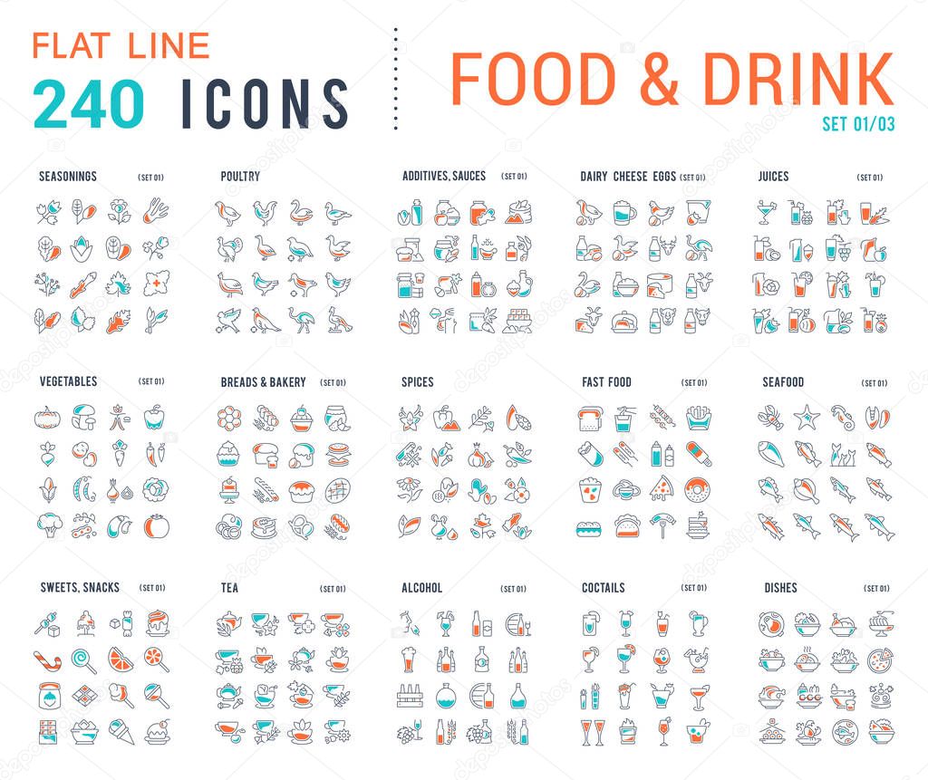 Big collection of linear icons. Set of food & drinks. Sweets, meat, dairy, bakery, cheese, eggs, dishes, fast food, vegetables, spices, seafood, tea, alcohol, fruits, herbs, coffee, leaf, and others.