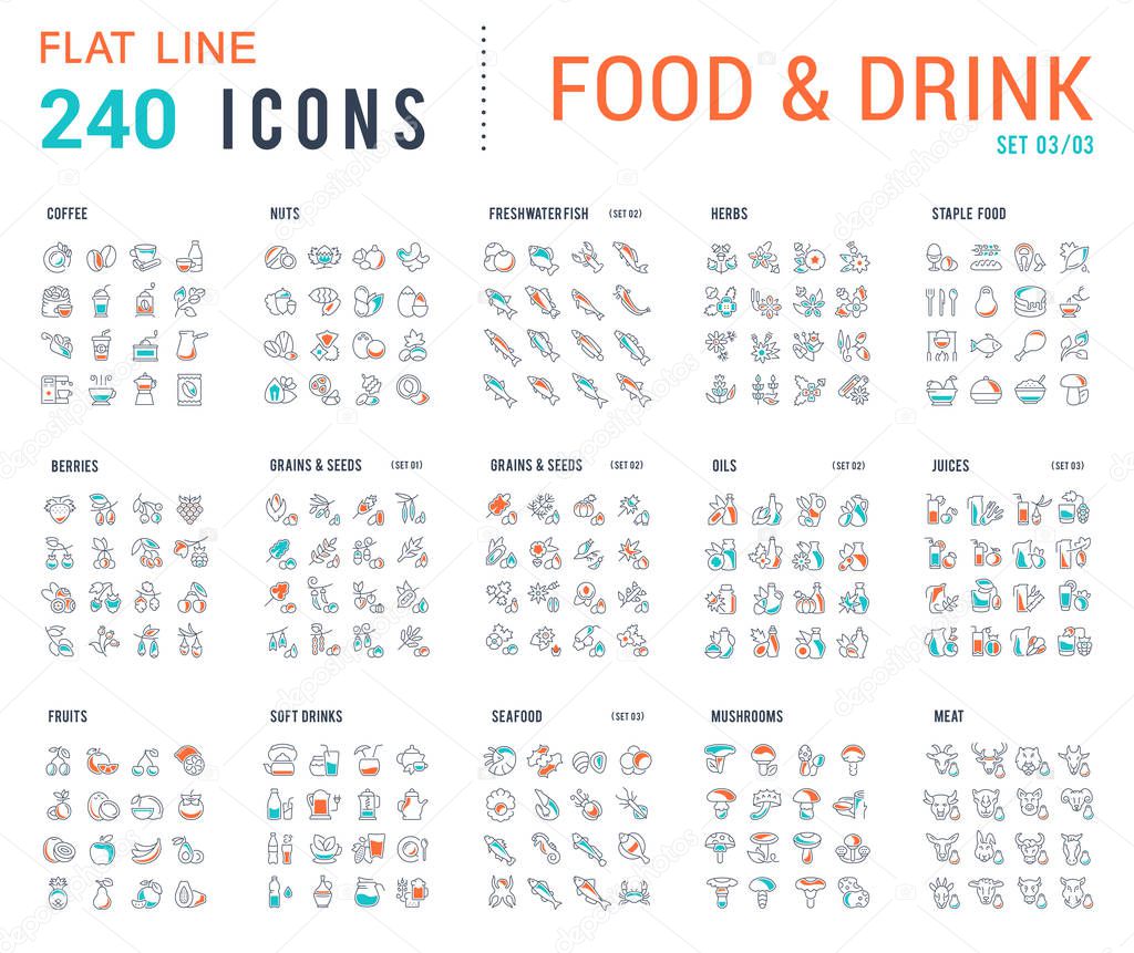 Big collection of linear icons. Set of food & drinks. Sweets, meat, dairy, bakery, cheese, eggs, dishes, fast food, vegetables, spices, seafood, tea, alcohol, fruits, herbs, coffee, leaf, and others.