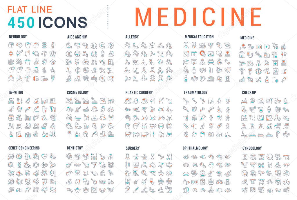 Collection of vector line icons of medicine. Surgery, dentistry, invitro, aids, cancer, check up, orthodontics, biology, vet, clinic, education. Set of flat signs and symbols.