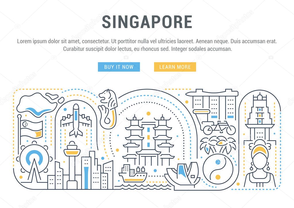 Linear banner of Singapore. Icons of country attractions for card and web sites.