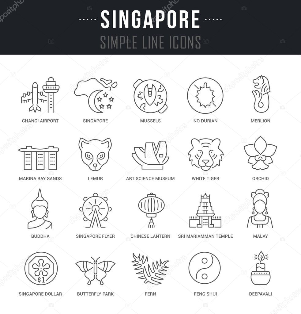 Set of linear icons of Singapore with names.