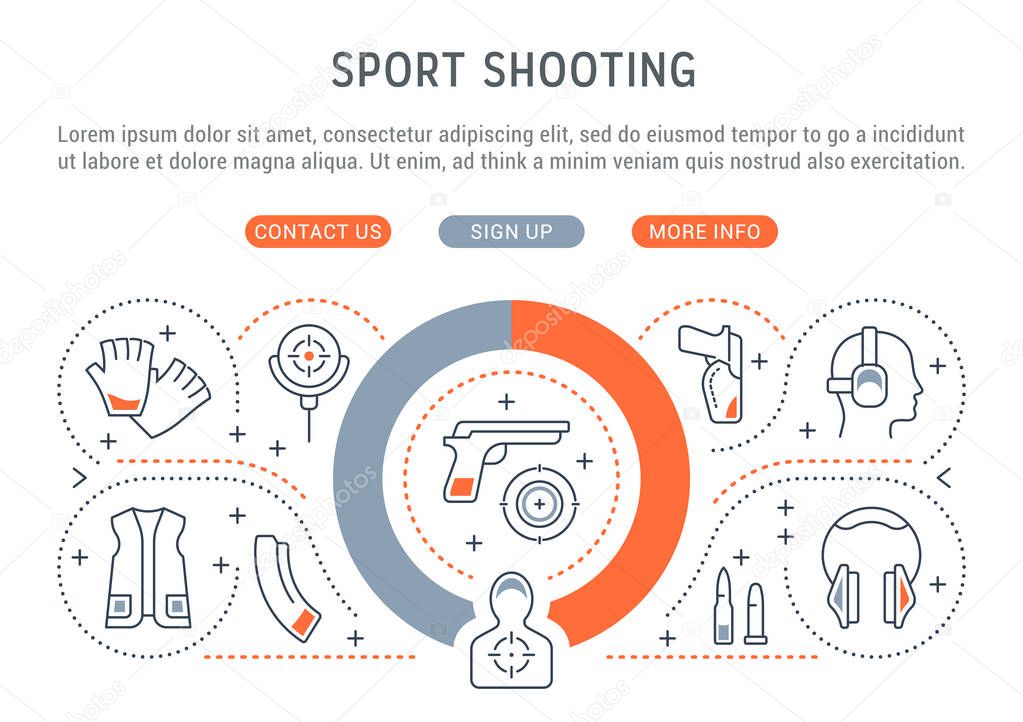 Linear banner of the sport shooting. Vector linear icons for web sites and applications.