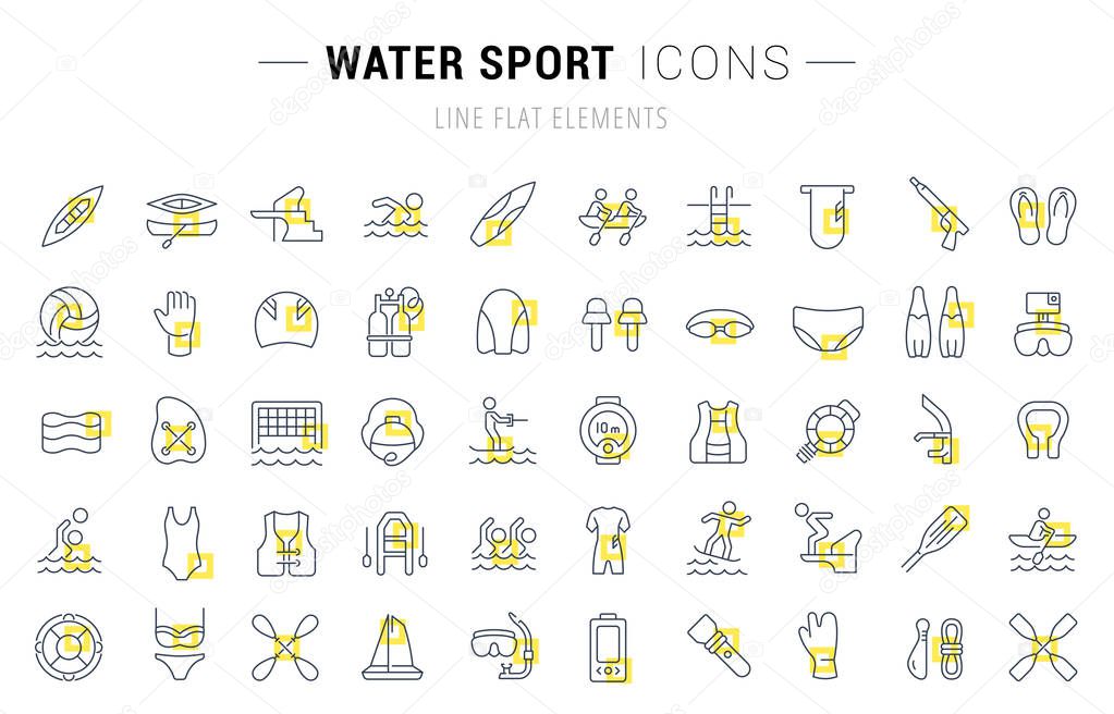 Set of vector line icons and signs with yellow squares of water sport for excellent concepts. Collection of infographics logos and pictograms.