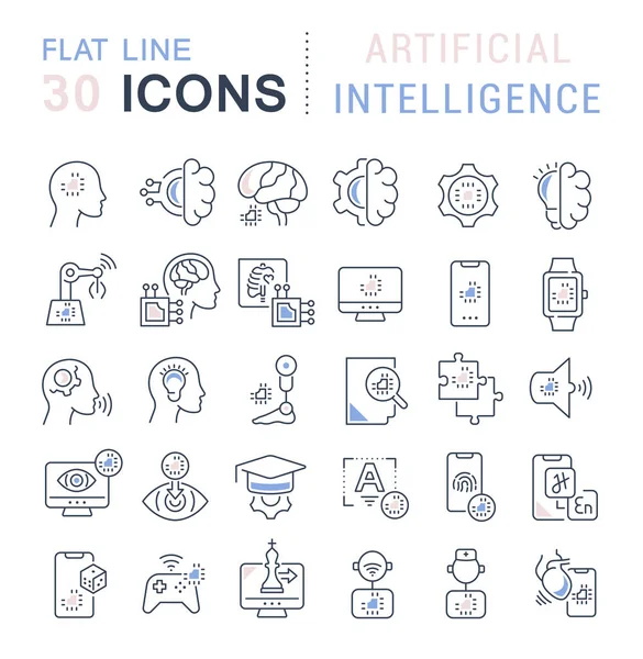 Definir ícones de linha vetorial de inteligência artificial — Vetor de Stock