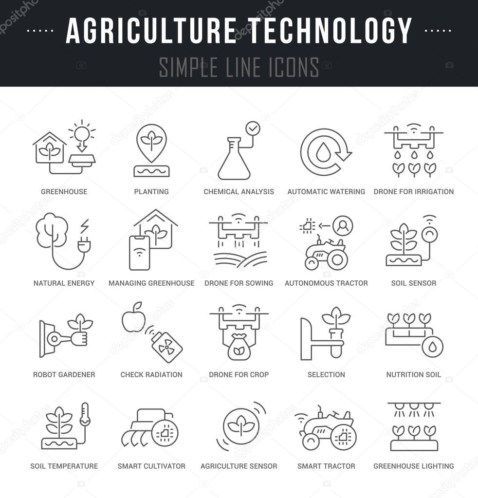 Collection linear icons of agriculture technology with names.