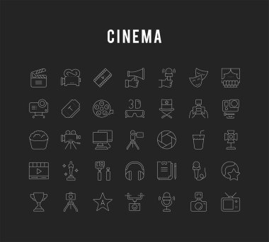Set vektör düz çizgi simgeler sinema ve filmler