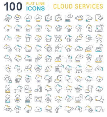 Bulut Hizmetlerinin Vektör Çizgisi Simgelerini Ayarla
