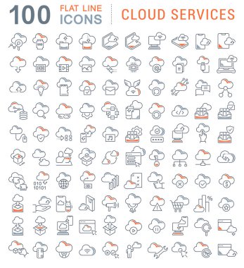 Bulut Hizmetlerinin Vektör Çizgisi Simgelerini Ayarla