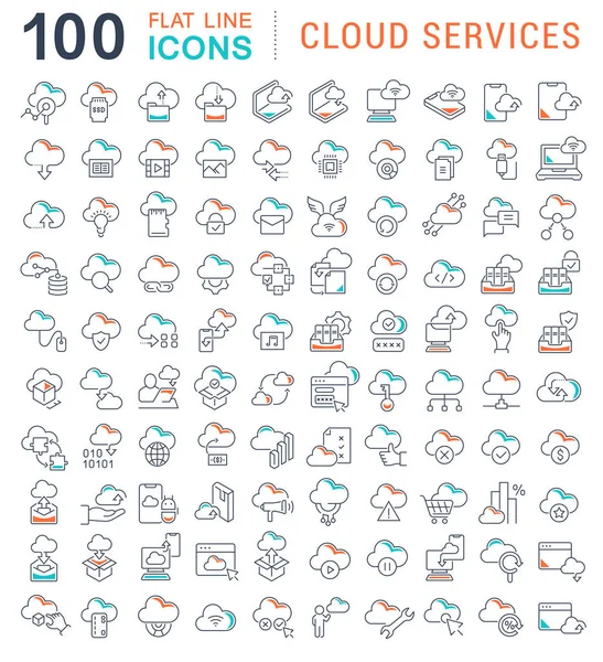 Imposta icone della linea vettoriale dei servizi cloud — Vettoriale Stock