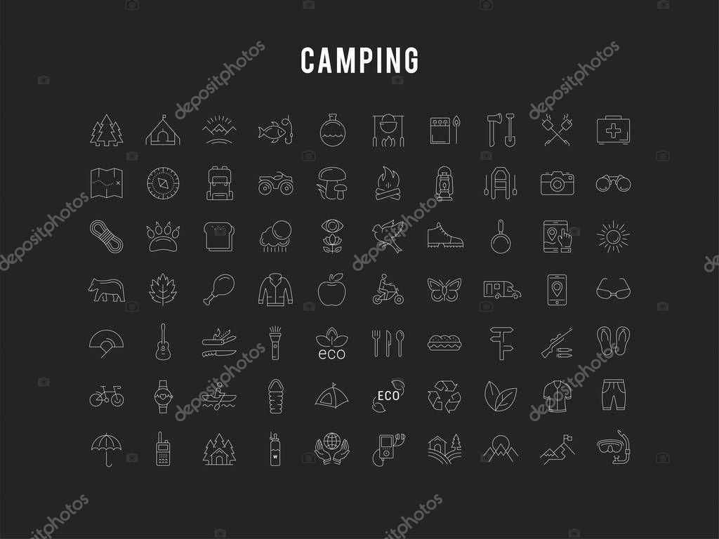 Set vector line icons in flat design camping, eco and ecotourism with elements for mobile concepts and web apps. Collection modern infographic logo and pictogram.
