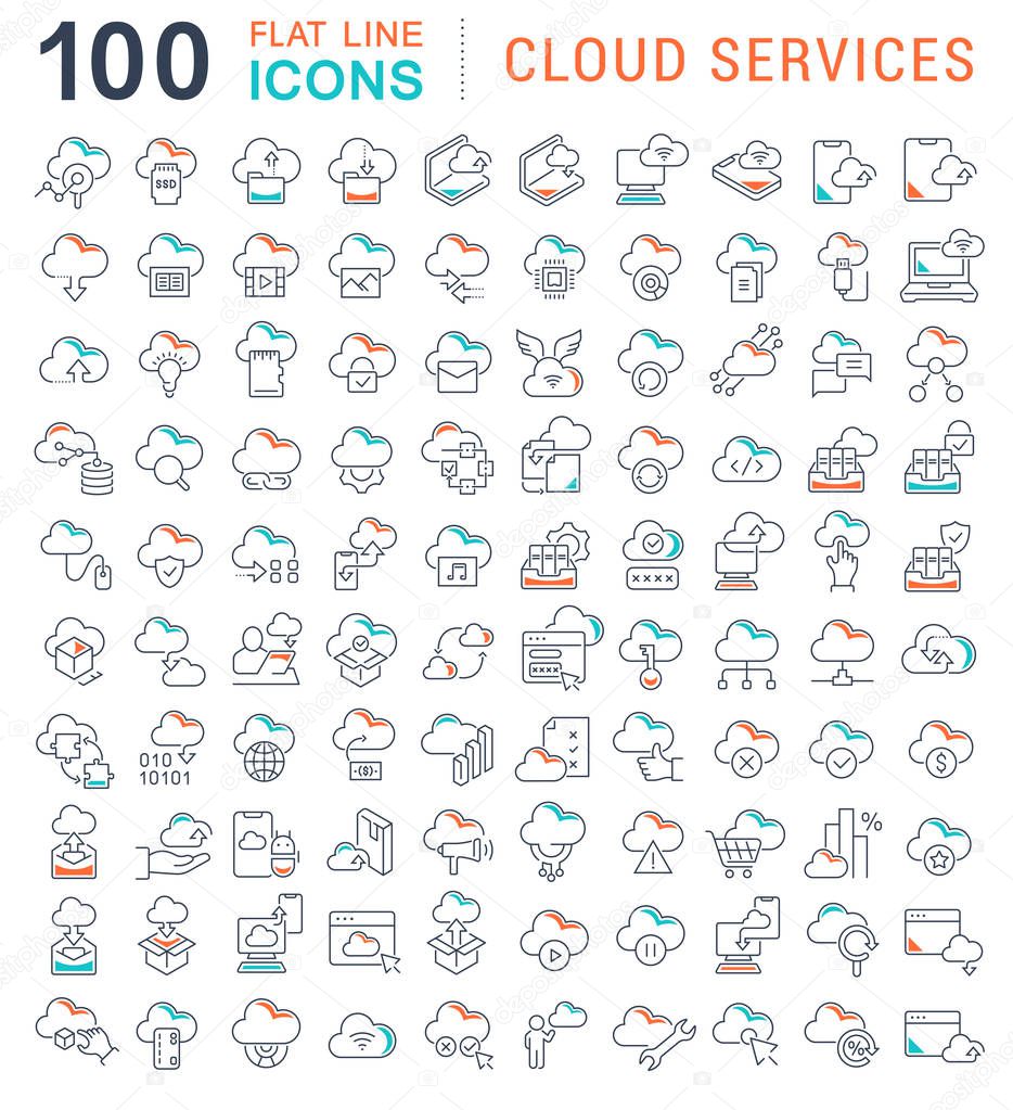 Set Vector Line Icons of Cloud Services