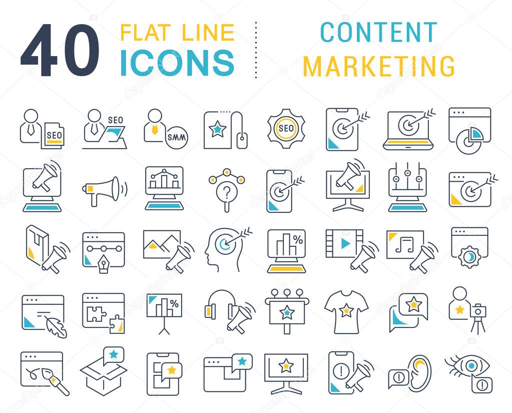 Set of vector line icons of content marketing for modern concepts, web and apps.