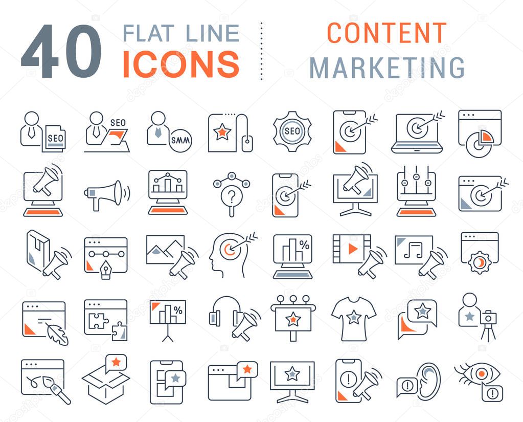 Set of vector line icons of content marketing for modern concepts, web and apps.