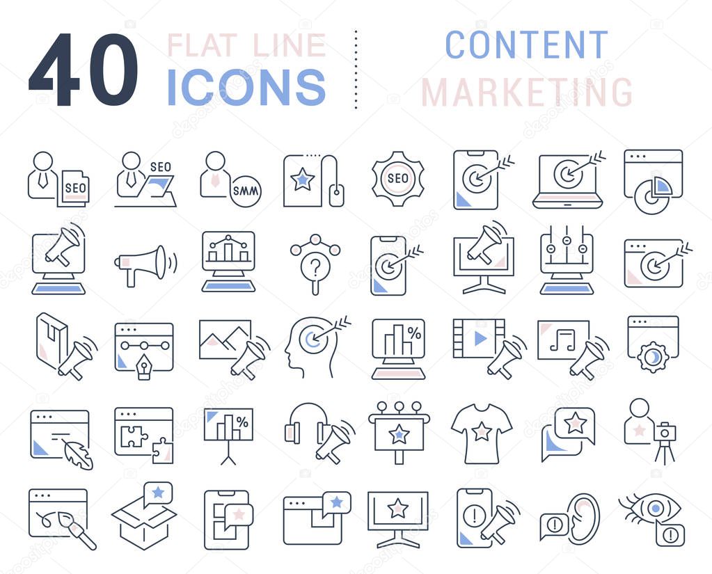 Set of vector line icons of content marketing for modern concepts, web and apps.