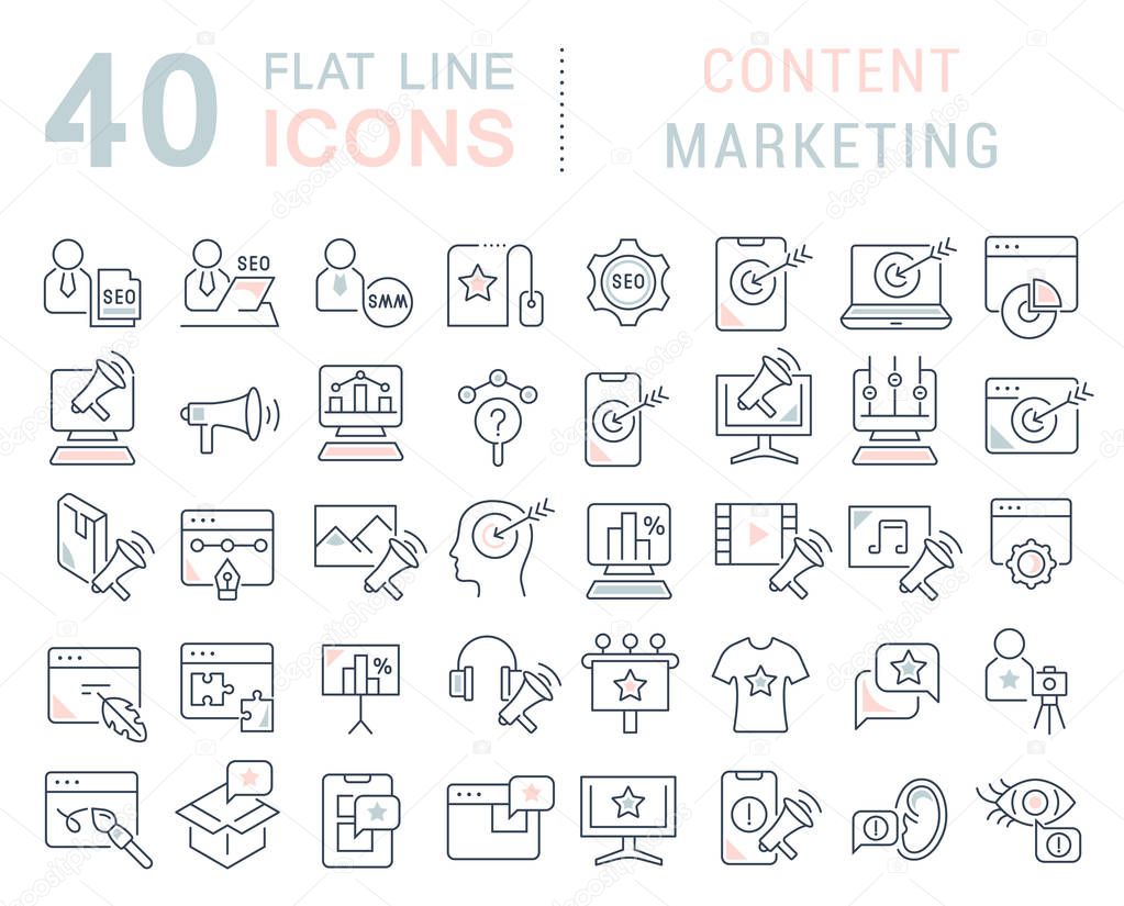 Set of vector line icons of content marketing for modern concepts, web and apps.