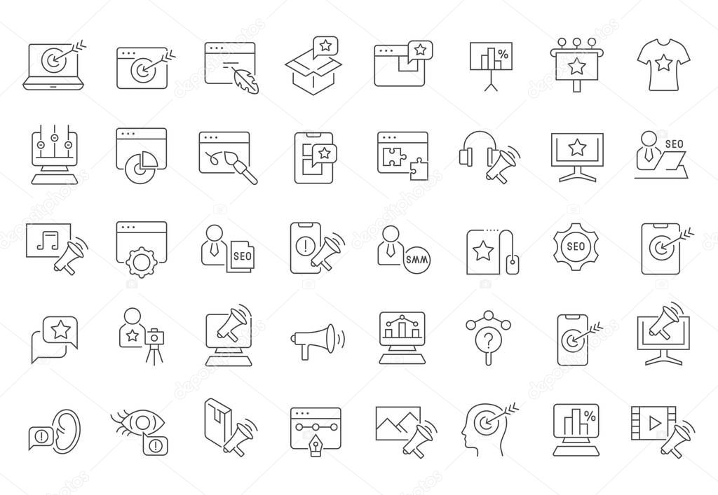 Set of vector line icons of content marketing for modern concepts, web and apps.