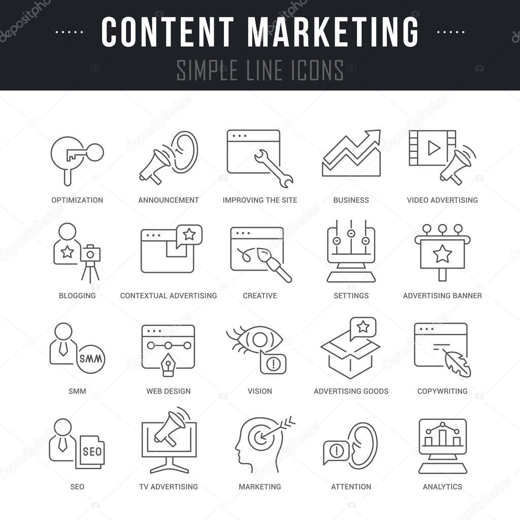 Collection linear icons of content marketing with names.