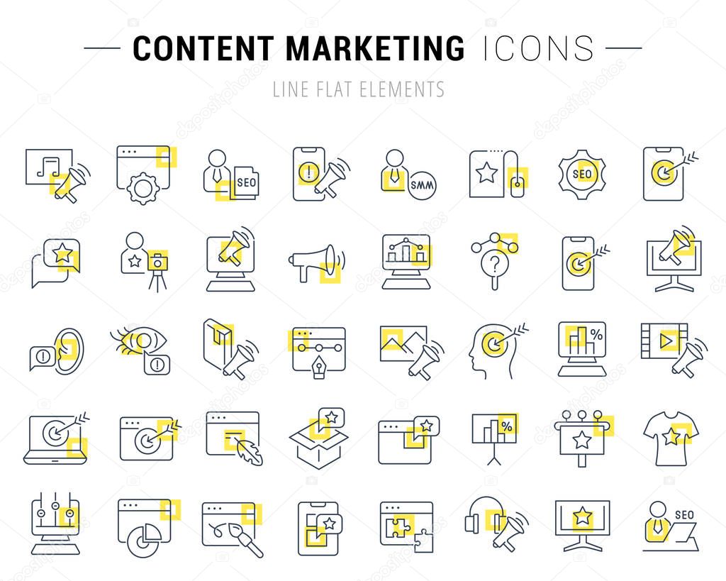 Set of vector line icons and signs with yellow squares of content marketing for excellent concepts. Collection of infographics logos and pictograms.