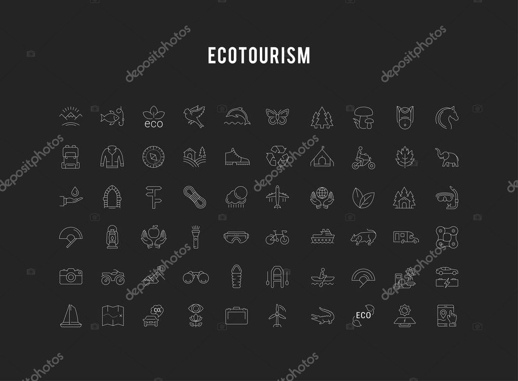 Set vector line icons in flat design eco, ecotourism and recycle with elements for mobile concepts and web apps. Collection modern infographic logo and pictogram.