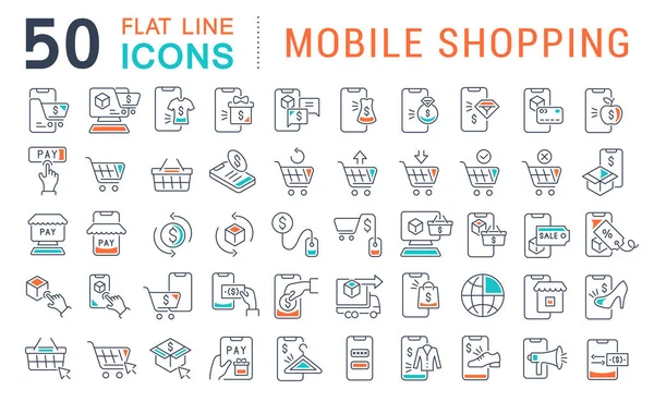 Vektor Line Icons für mobiles Einkaufen setzen — Stockvektor