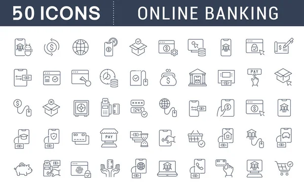 Definir ícones de linha vetorial de banco online — Vetor de Stock