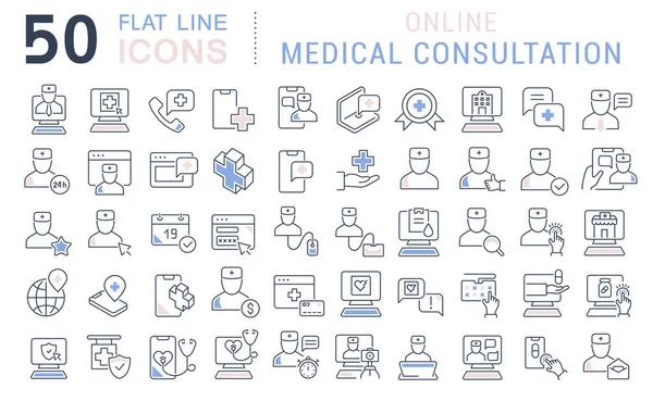 Иконки векторной линии онлайновой медицинской консультации — стоковый вектор