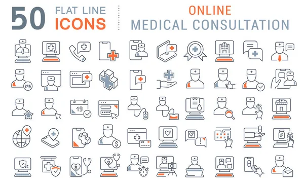 Conjunto de iconos de línea vectorial de consulta médica en línea — Vector de stock