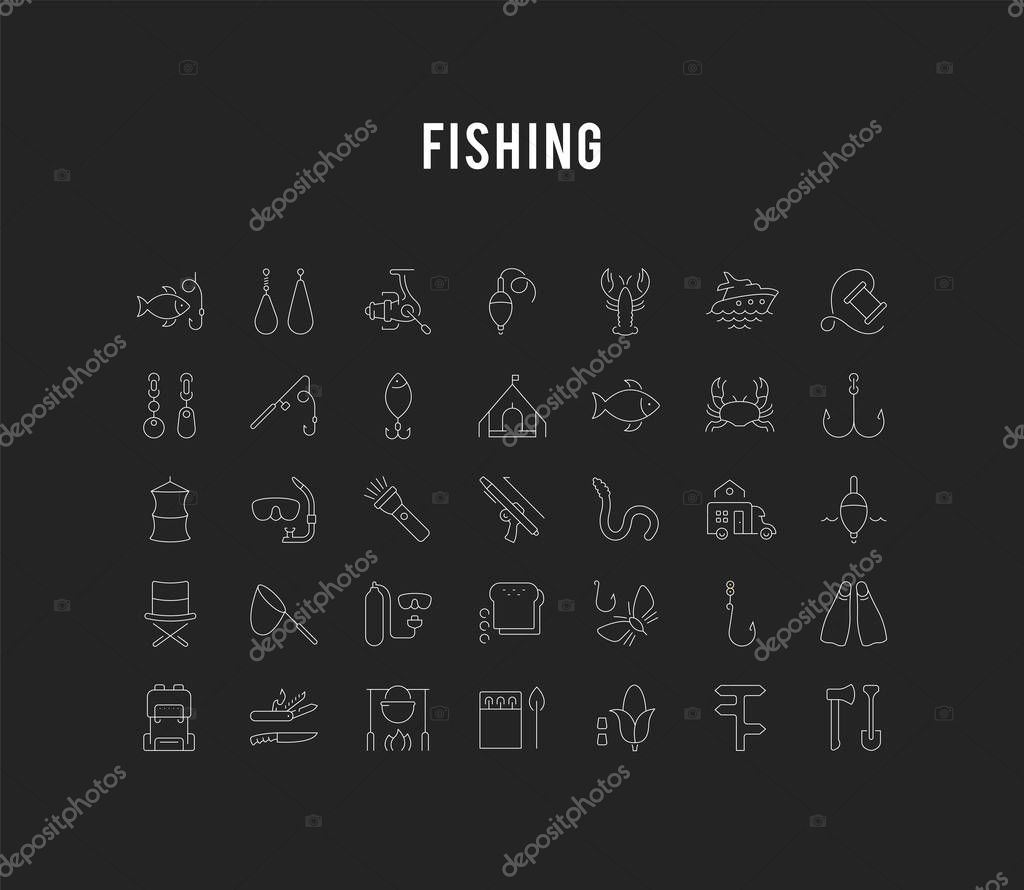 Set vector line icons, sign and symbols in flat design fishing with elements for mobile concepts and web apps. Collection modern infographic logo and pictogram.