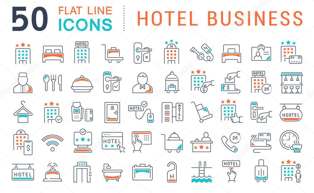 Set of vector line icons of hotel business for modern concepts, web and apps.