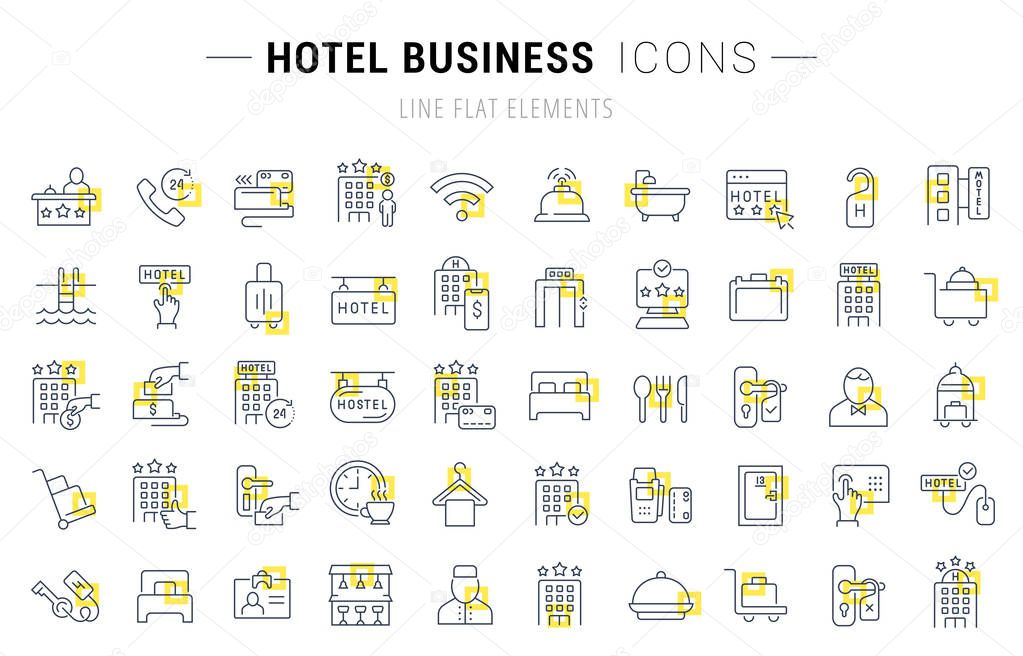Set of vector line icons and signs with yellow squares of hotel business for excellent concepts. Collection of infographics logos and pictograms.