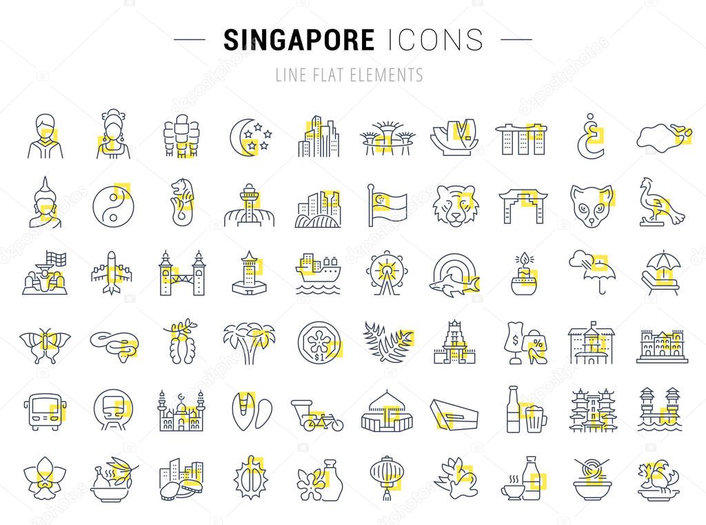 Set of vector line icons and signs with yellow squares of Singapore for excellent concepts.