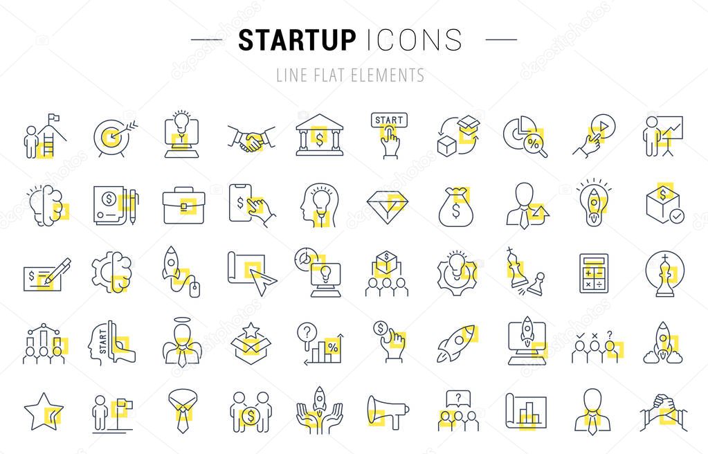 Set of vector line icons and signs with yellow squares of startup for excellent concepts. Collection of infographics logos and pictograms.