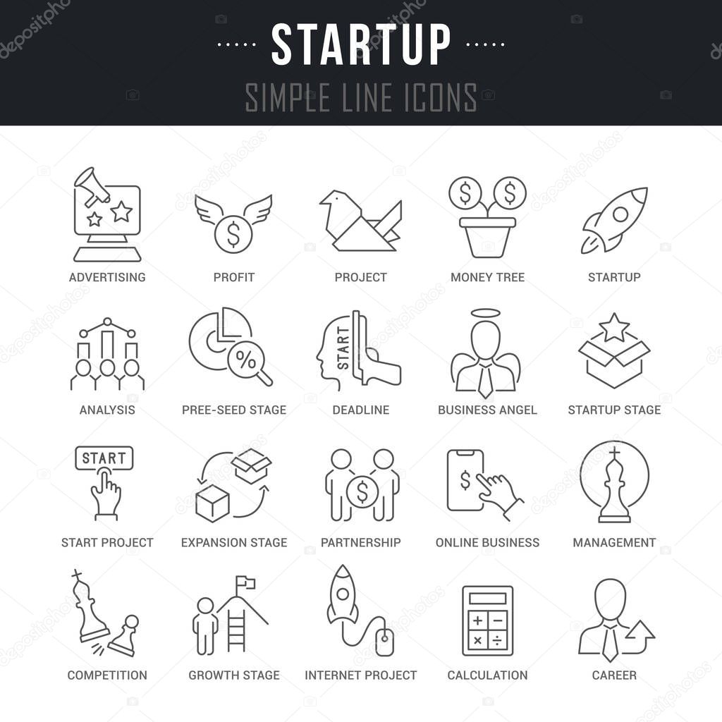 Collection linear icons of startup with names.