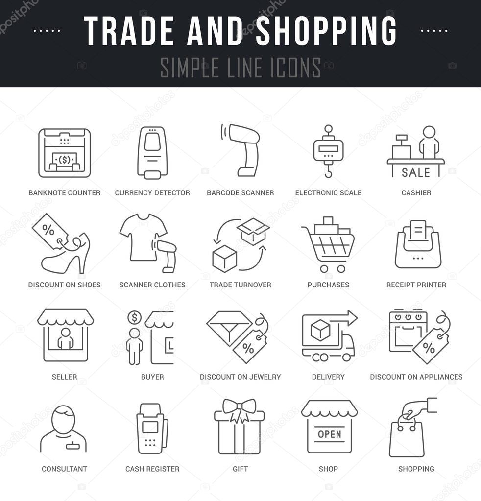 Collection linear icons of trade and shopping with names.