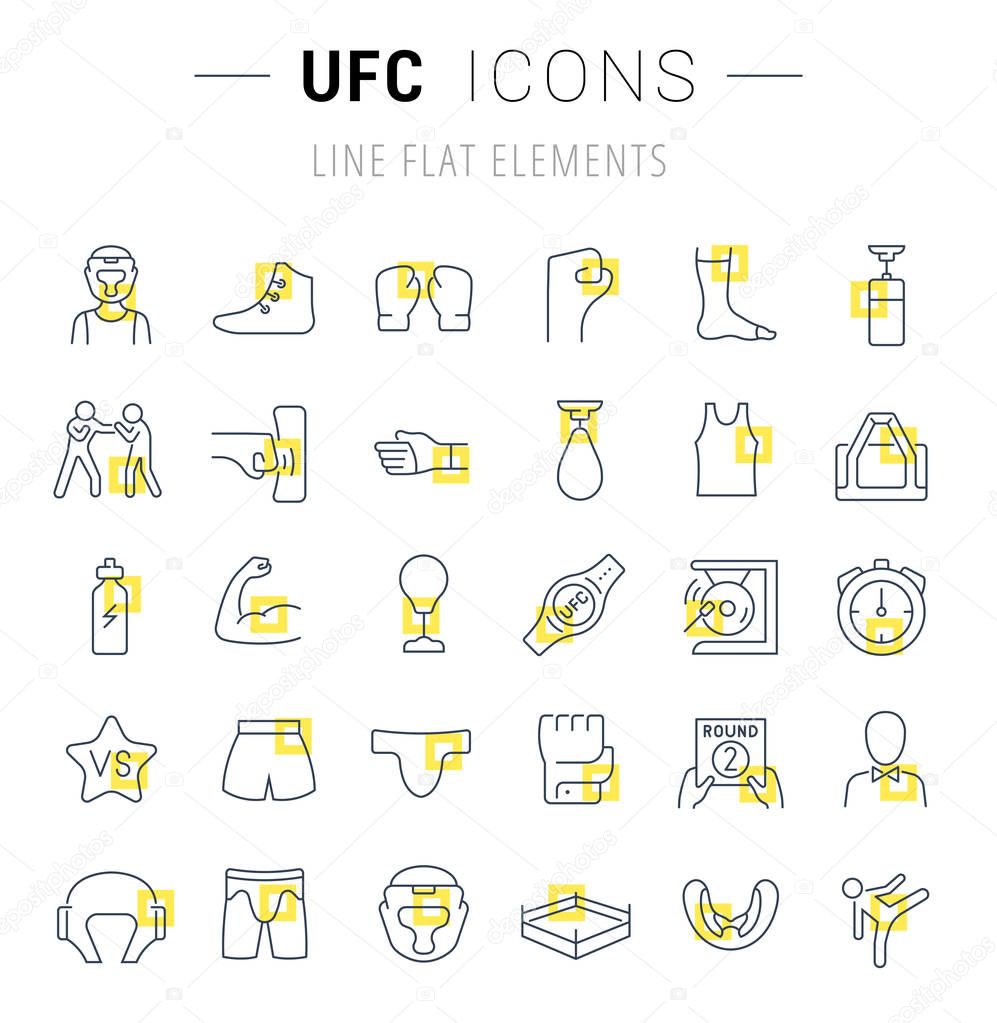 Set of vector line icons and signs with yellow squares of ufc for excellent concepts. Collection of infographics logos and pictograms.