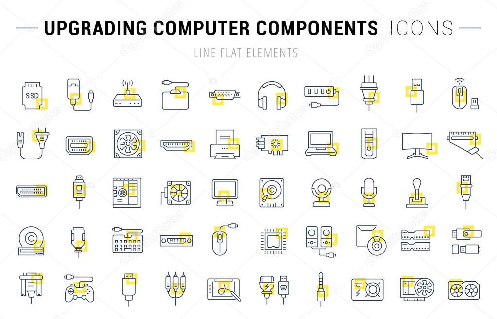 Set of vector line icons and signs with yellow squares of upgrading computer components for excellent concepts. Collection of infographics logos and pictograms.