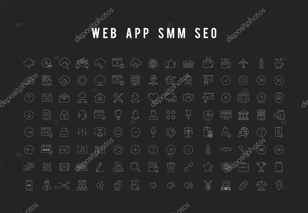Set vector line icons in flat design smm, cms, seo and ui, ux design with elements for mobile concepts and web apps. Collection modern infographic logo and pictogram.