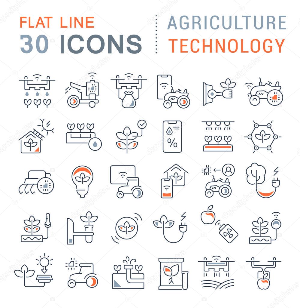 Set of vector line icons of agriculture technology for modern concepts, web and apps.
