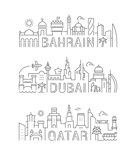 Banners lineales de Dubai, Bahréin, Qatar — Vector de stock