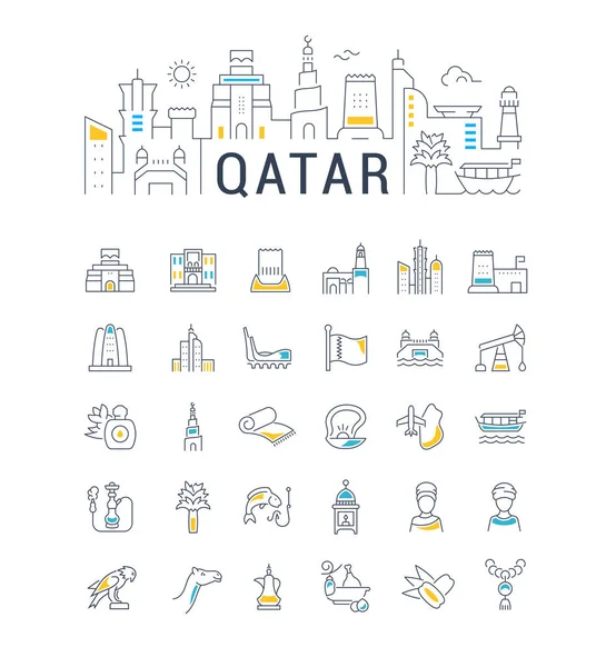 Ilustración lineal de Qatar con iconos — Vector de stock