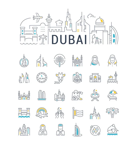 Ilustración lineal de Dubai con iconos — Vector de stock